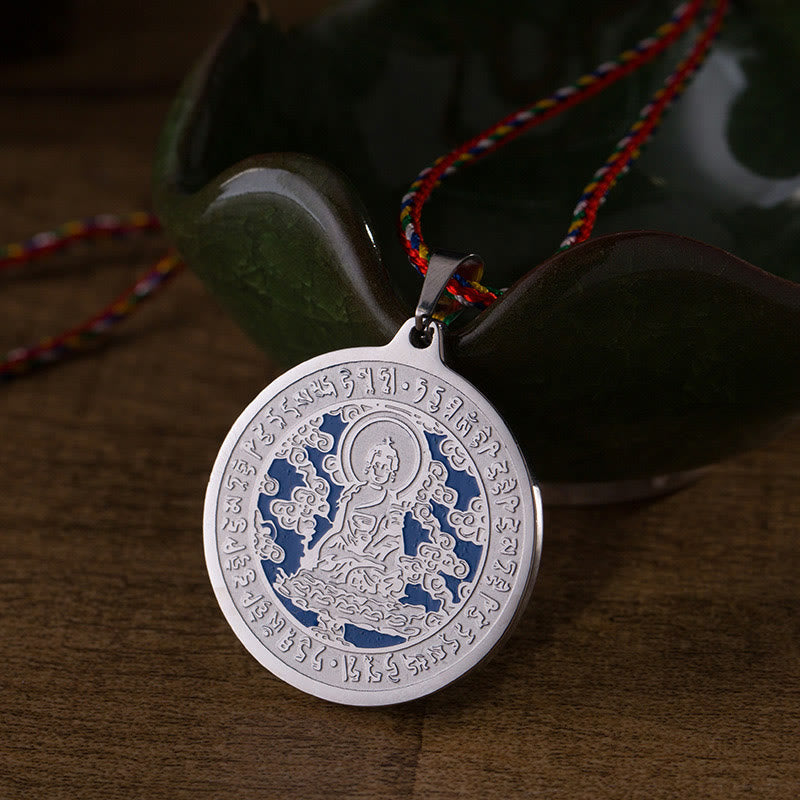 Buddha Stones Blauwe Medicijn Boeddha Hart Mantra Titanium Stalen Geloof Gekleurde Touw Ketting - Zilverachtig - image 6
