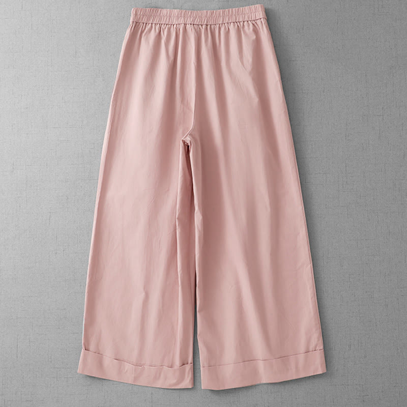 Buddha Stones Casual effen polyester damesbroek met wijde pijpen, Lengte 7-8, met Zakken. - image 1