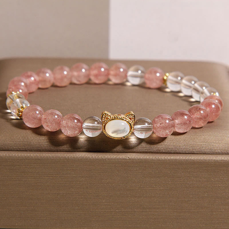 Buddha Stones Natuurlijke Armband met aardbeikwarts en witte kristallen kralen, geschikt voor het helen van kattenarmbanden - Aardbeikwarts (Polsomtrek: 15-17 cm) - image 0
