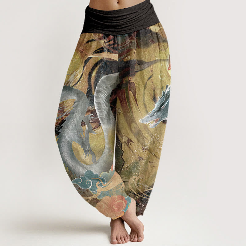 Buddha Stones Harembroek voor dames met elastische Taille , 100% Cotton met een draken- en wolkenpatroon en een gunstig wolkenmotief. - Geel - US22, UK/AU26, EU54 (6XL) - image 0