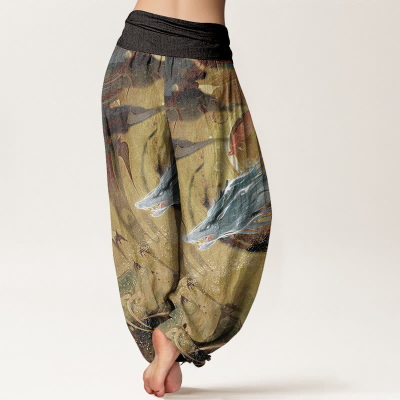 Buddha Stones Harembroek voor dames met elastische Taille , 100% Cotton met een draken- en wolkenpatroon en een gunstig wolkenmotief. - image 1