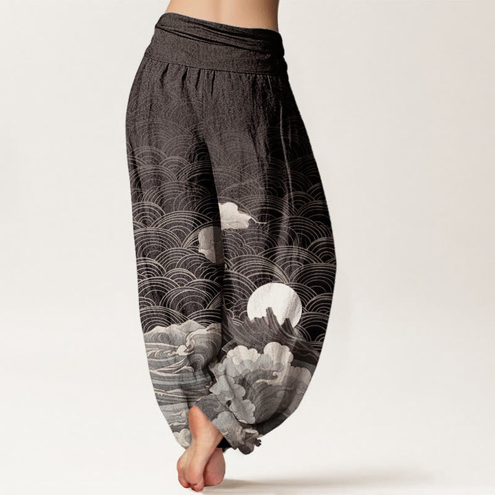 Buddha Stones Casual damesharembroek van 100% Cotton met golvend, maan- en bergpatroon en elastische Taille . - image 1