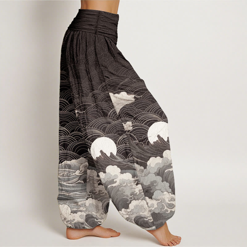 Buddha Stones Casual damesharembroek van 100% Cotton met golvend, maan- en bergpatroon en elastische Taille . - image 2