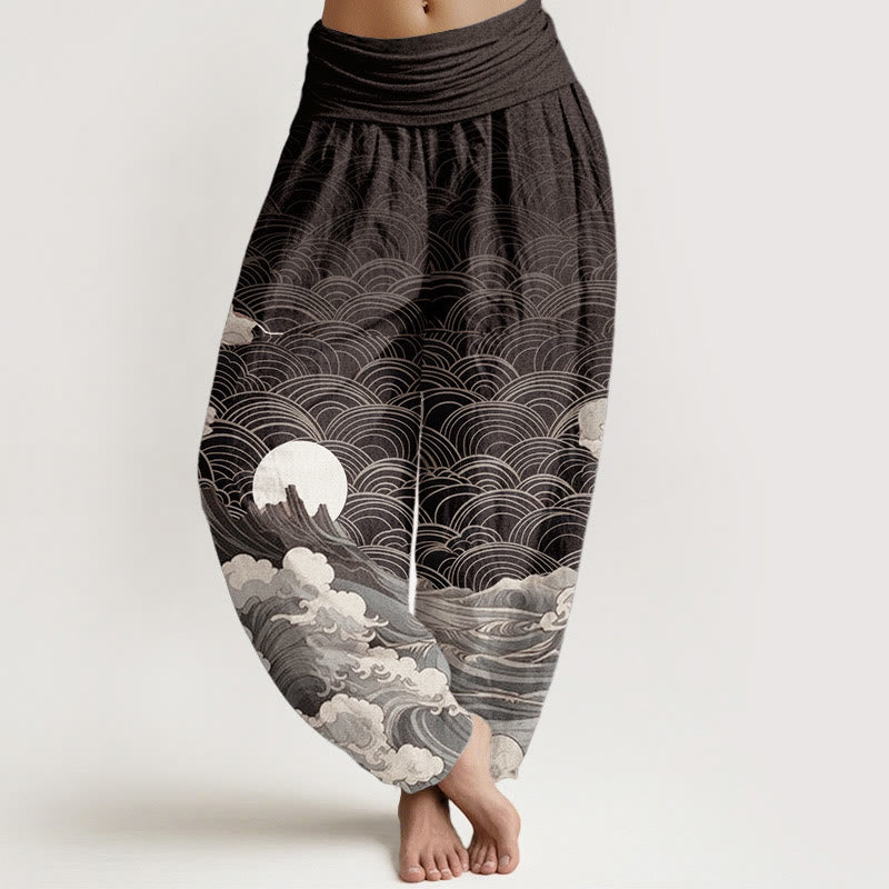 Buddha Stones Casual damesharembroek van 100% Cotton met golvend, maan- en bergpatroon en elastische Taille . - Zwart - US22, UK/AU26, EU54 (6XL) - image 0