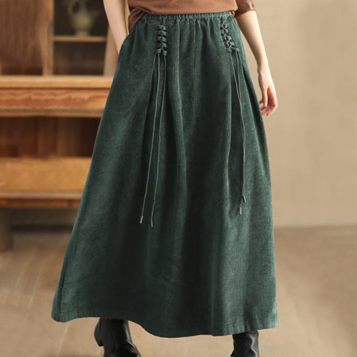 Buddha Stones Effen corduroy damesrok met Zakken , Lengte 7-8 - Donkergroen - US12, UK/AU16, EU44 (2XL) - image 0