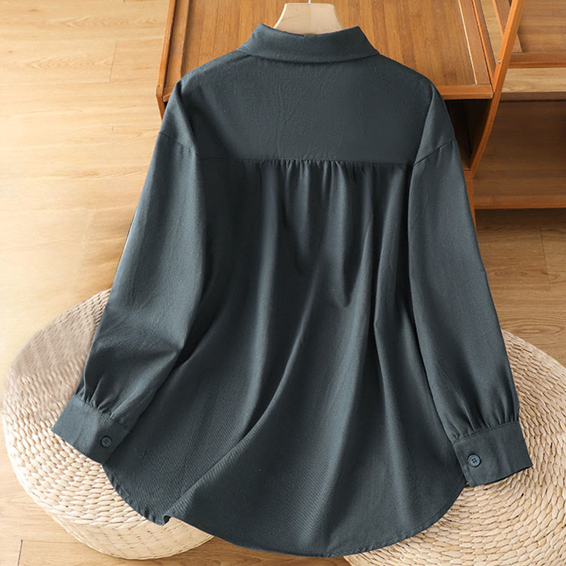 Buddha Stones Casual katoenen damesblouse met Lange mouw, opstaande kraag en Zakken. - image 1