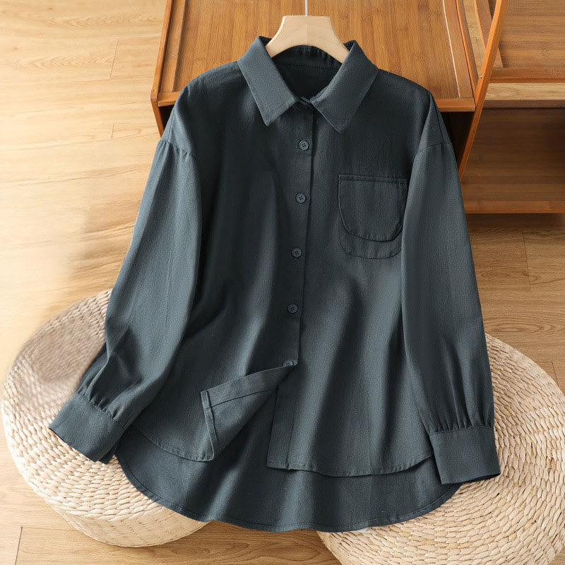 Buddha Stones Casual katoenen damesblouse met Lange mouw, opstaande kraag en Zakken. - Donker leigrijs - US14, UK/AU18, EU46 (2XL) - image 0