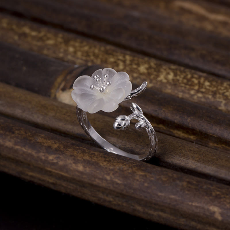 Buddha Stones Natuurlijke witte kristallen bloem 925 sterling zilveren verstelbare helende Ring - Wit kristal en 925 sterling zilver - image 0