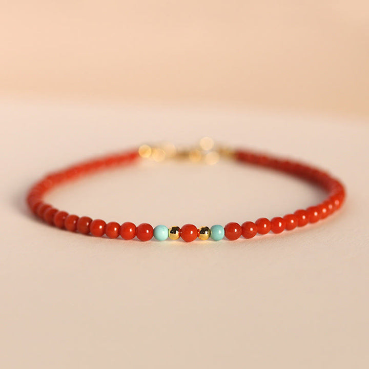 Buddha Stones 3 mm natuurlijke Zuid-rode agaat ultradunne kralen positieve Armband - 3 mm Zuid-rode agaat &amp; turkoois (Polsomtrek: 14-17 cm) - image 0
