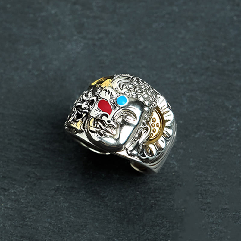 Buddha Stones Half Demon Half Buddha Lotus Koperen Sereniteit Verstelbare Ring - image 3