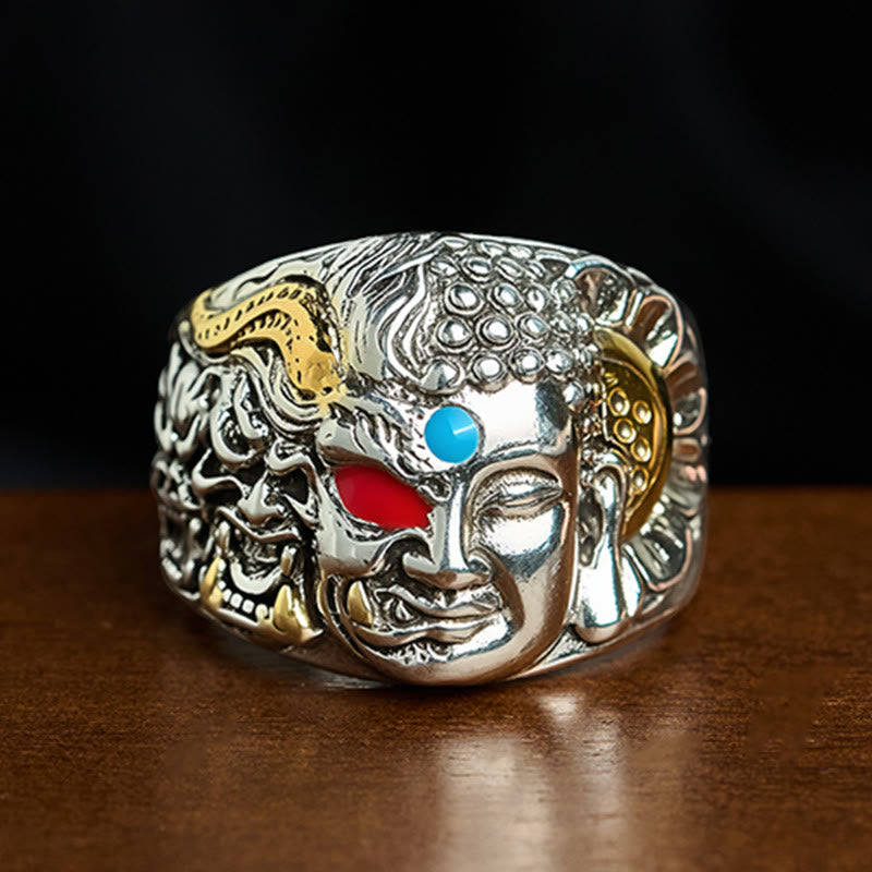 Buddha Stones Half Demon Half Buddha Lotus Koperen Sereniteit Verstelbare Ring - US10 (20 mm) - image 0