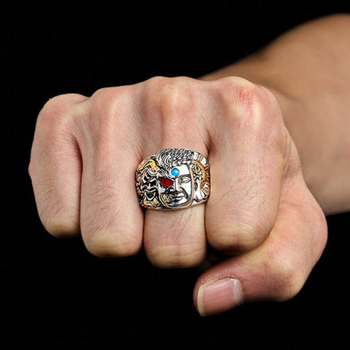 Buddha Stones Half Demon Half Buddha Lotus Koperen Sereniteit Verstelbare Ring - image 2