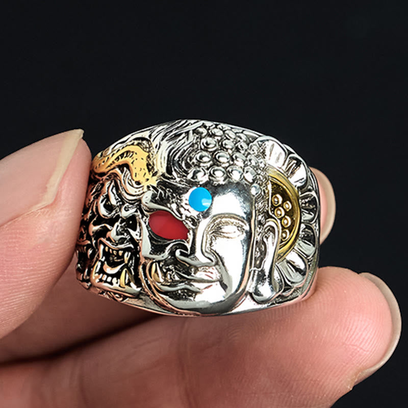 Buddha Stones Half Demon Half Buddha Lotus Koperen Sereniteit Verstelbare Ring - image 1
