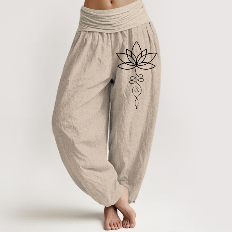 Buddha Stones Dames harembroek van 100% Cotton katoen met elastische Taille en Lotus Unalome-symboolpatroon - Bruinen - US22, UK/AU26, EU54 (6XL) - image 0