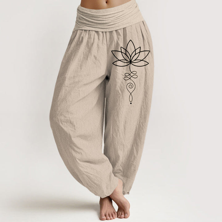 Buddha Stones Dames harembroek van 100% Cotton katoen met elastische Taille en Lotus Unalome-symboolpatroon - Bruinen - US22, UK/AU26, EU54 (6XL) - image 0