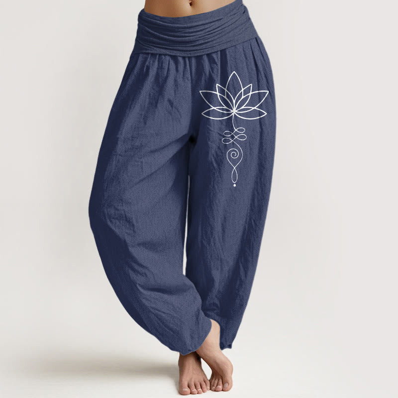 Buddha Stones Dames harembroek van 100% Cotton katoen met elastische Taille en Lotus Unalome-symboolpatroon - Donker leisteenblauw - US22, UK/AU26, EU54 (6XL) - image 8