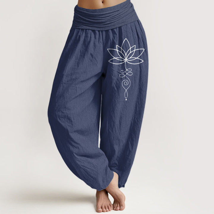 Buddha Stones Dames harembroek van 100% Cotton katoen met elastische Taille en Lotus Unalome-symboolpatroon - Donker leisteenblauw - US22, UK/AU26, EU54 (6XL) - image 8