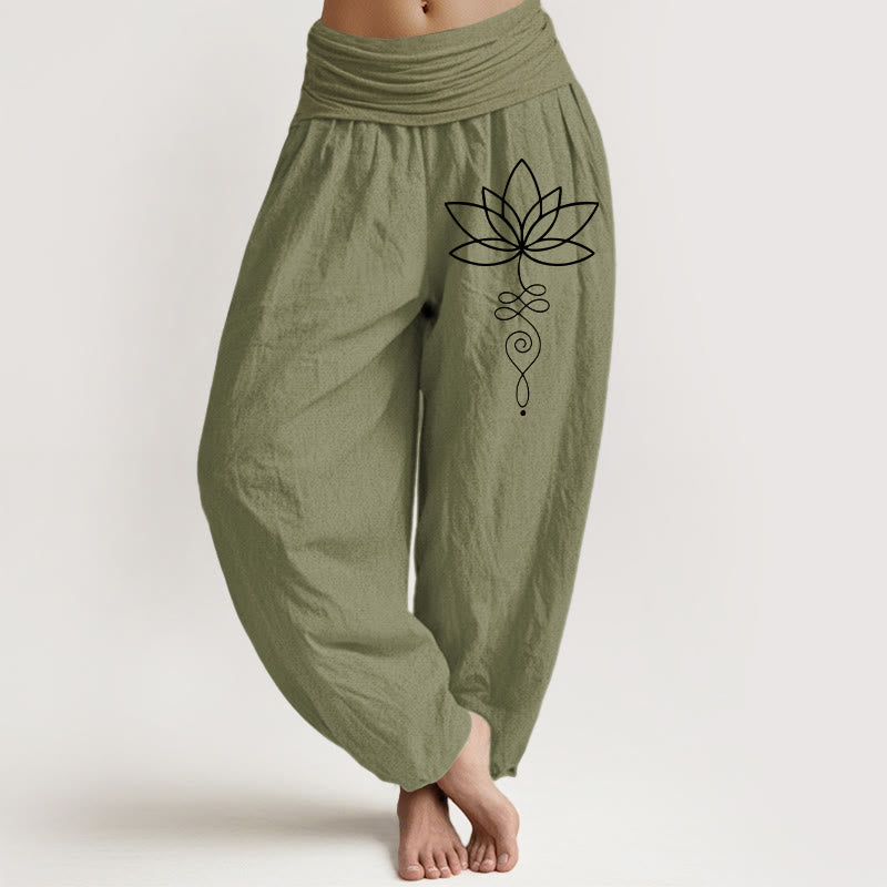 Buddha Stones Dames harembroek van 100% Cotton katoen met elastische Taille en Lotus Unalome-symboolpatroon - Olijfgroen - US22, UK/AU26, EU54 (6XL) - image 14