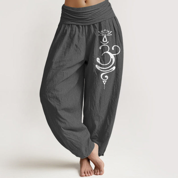 Buddha Stones Harembroek voor dames met elastische Taille en lotusbloem- en unalome-symboolpatroon, gemaakt van 100% Cotton. - Donkergrijs - US22, UK/AU26, EU54 (6XL) - image 0