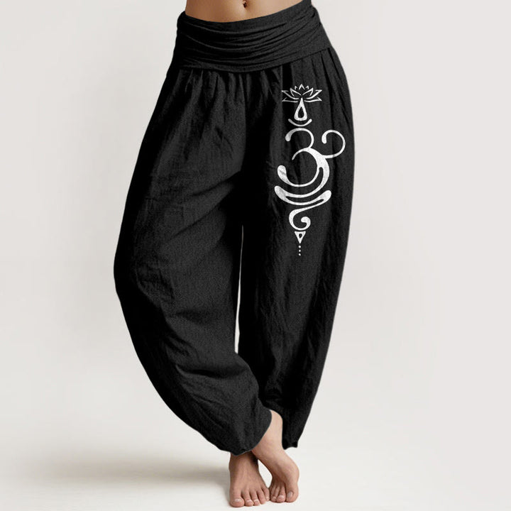 Buddha Stones Harembroek voor dames met elastische Taille en lotusbloem- en unalome-symboolpatroon, gemaakt van 100% Cotton. - Zwart - US22, UK/AU26, EU54 (6XL) - image 5