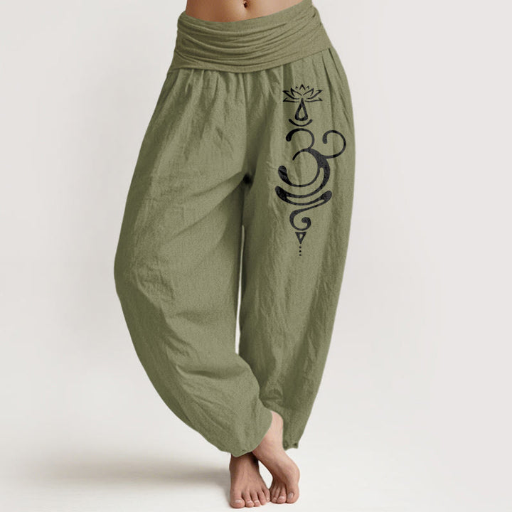 Buddha Stones Harembroek voor dames met elastische Taille en lotusbloem- en unalome-symboolpatroon, gemaakt van 100% Cotton. - Olijfgroen - US22, UK/AU26, EU54 (6XL) - image 14