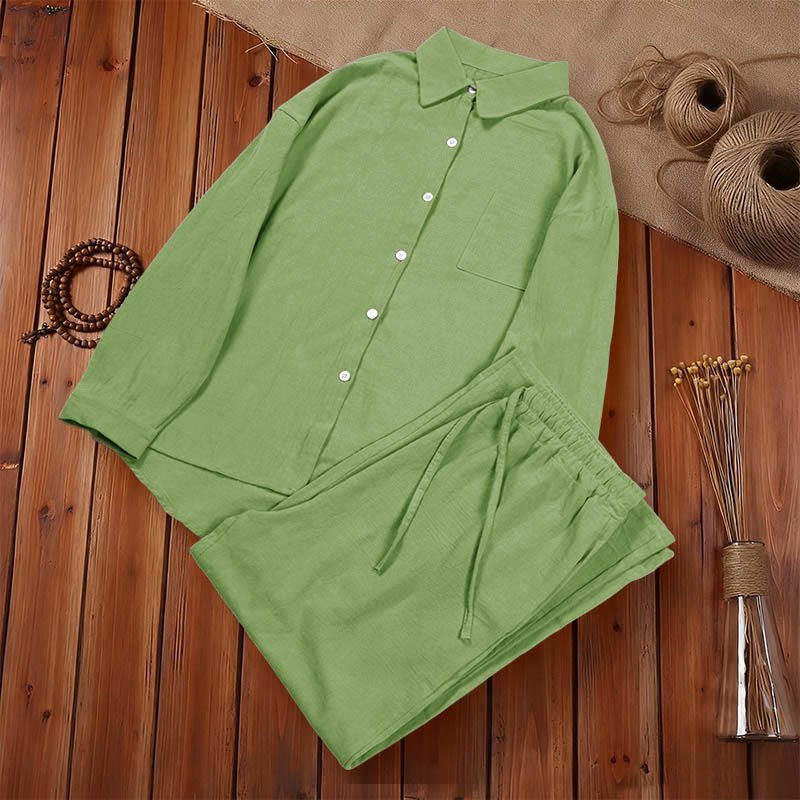 Buddha Stones 2-delige set bestaande uit een shirt met Lange mouw, een capribroek met Zakken en meditatiemotief, gemaakt van katoen, voor dames. - image 1