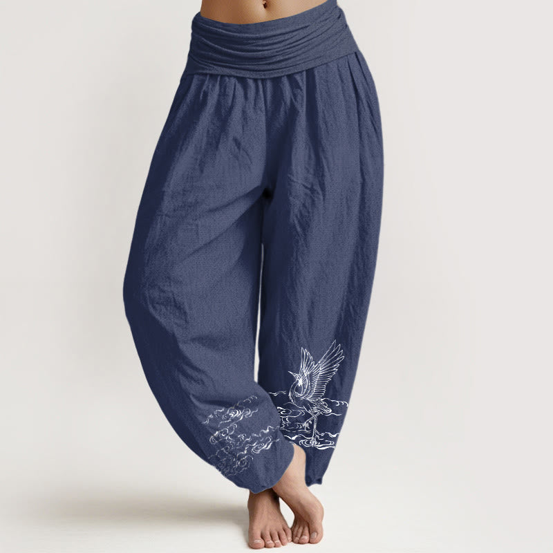 Buddha Stones Damesbroek van katoen met elastische Taille en kraanvogelmotief en stromend waterpatroon - Donker leisteenblauw - US22, UK/AU26, EU54 (6XL) - image 0
