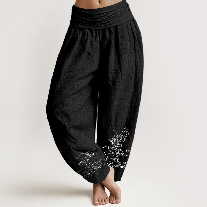 Buddha Stones Damesbroek van katoen met elastische Taille en kraanvogelmotief en stromend waterpatroon - Zwart - US22, UK/AU26, EU54 (6XL) - image 5