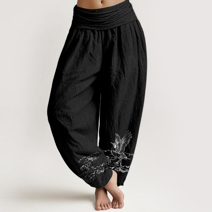 Buddha Stones Damesbroek van katoen met elastische Taille en kraanvogelmotief en stromend waterpatroon - Zwart - US22, UK/AU26, EU54 (6XL) - image 5