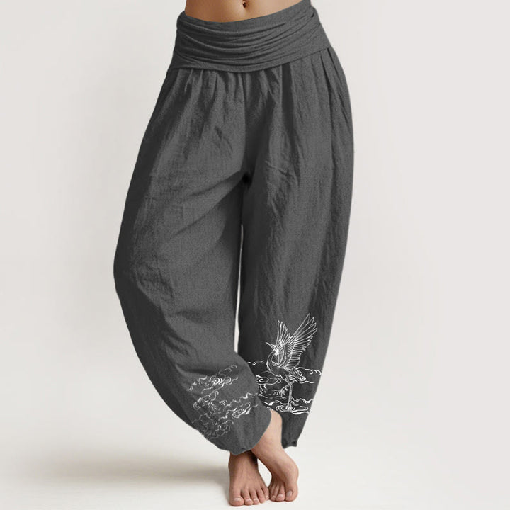Buddha Stones Damesbroek van katoen met elastische Taille en kraanvogelmotief en stromend waterpatroon - Donkergrijs - US22, UK/AU26, EU54 (6XL) - image 8