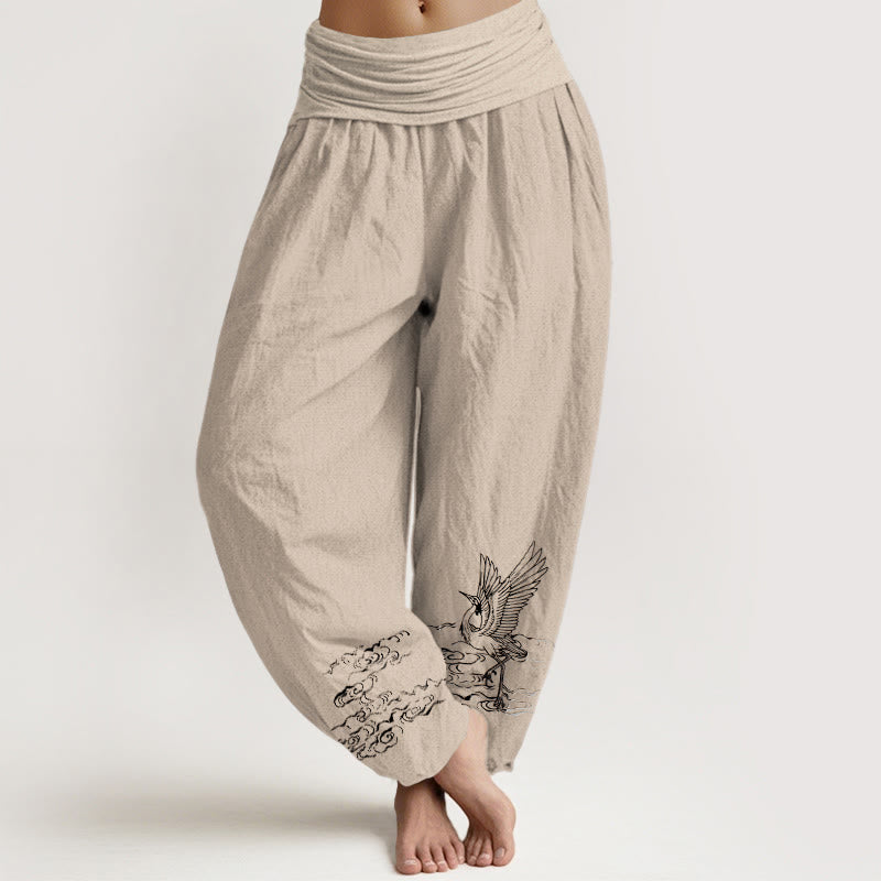 Buddha Stones Damesbroek van katoen met elastische Taille en kraanvogelmotief en stromend waterpatroon - Bruinen - US22, UK/AU26, EU54 (6XL) - image 11