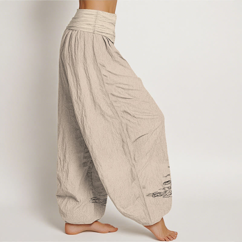 Buddha Stones Damesbroek van katoen met elastische Taille en kraanvogelmotief en stromend waterpatroon - image 12