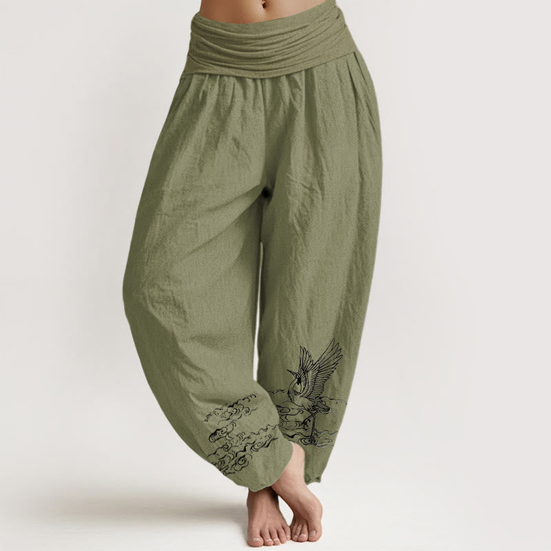 Buddha Stones Damesbroek van katoen met elastische Taille en kraanvogelmotief en stromend waterpatroon - Olijfgroen - US22, UK/AU26, EU54 (6XL) - image 14