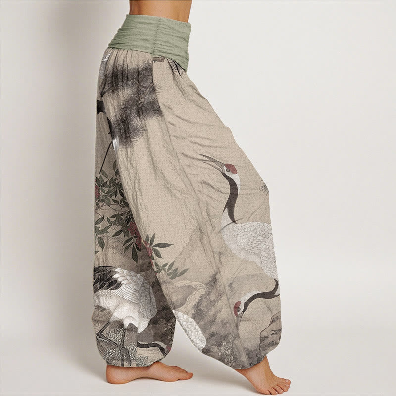 Buddha Stones Casual 100% Cotton met elastische Taille , met rode kraanvogel, dennenboom en bergmotief. - image 2