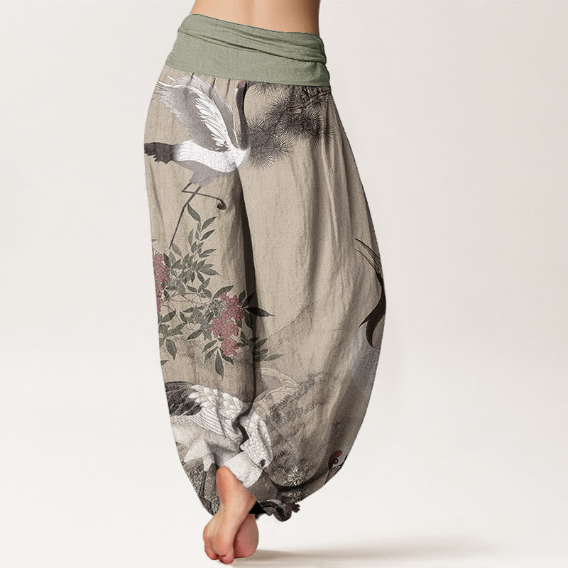 Buddha Stones Casual 100% Cotton met elastische Taille , met rode kraanvogel, dennenboom en bergmotief. - image 1