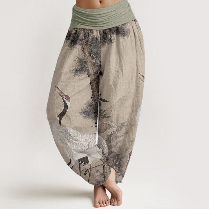 Buddha Stones Casual 100% Cotton met elastische Taille , met rode kraanvogel, dennenboom en bergmotief. - Tarwe - US22, UK/AU26, EU54 (6XL) - image 0