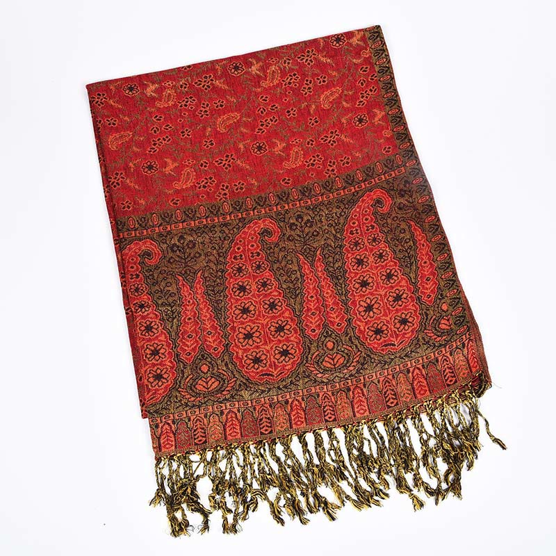 Buddha Stones Jacquard sjaal met contrasterend patchworkpatroon, paisleyprint en kwastjes . - Rood - image 6