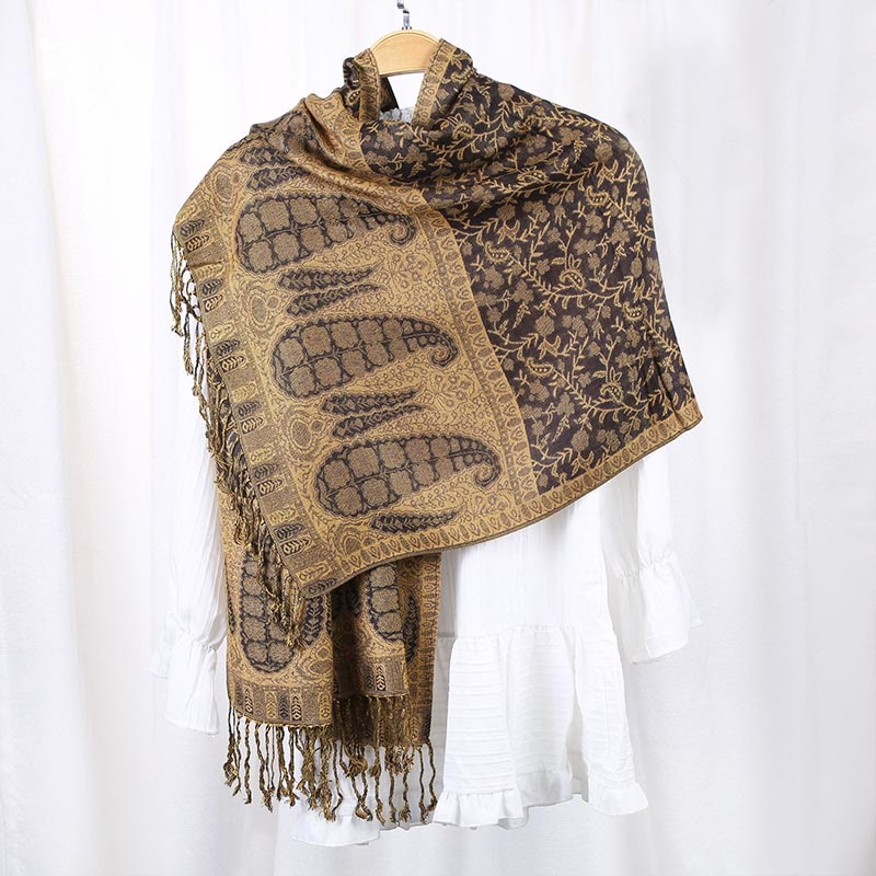 Buddha Stones Jacquard sjaal met contrasterend patchworkpatroon, paisleyprint en kwastjes . - Guldenroede - image 0