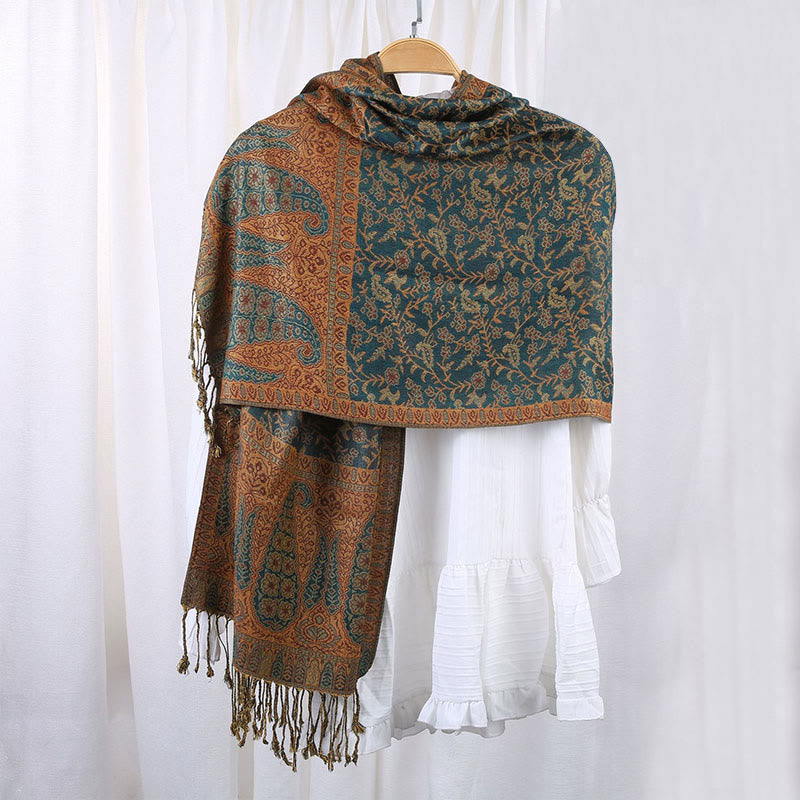 Buddha Stones Jacquard sjaal met contrasterend patchworkpatroon, paisleyprint en kwastjes . - image 5