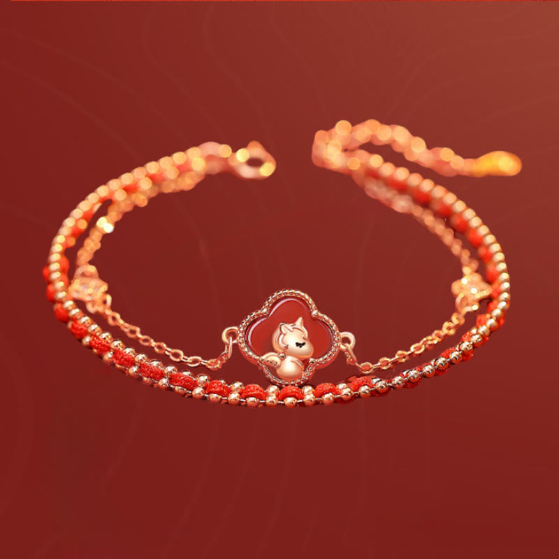 Buddha Stones 925 Sterling Zilveren Armband met Rode Agaat en Hetian Jade, symbool van het Jaar van het Paard - image 1