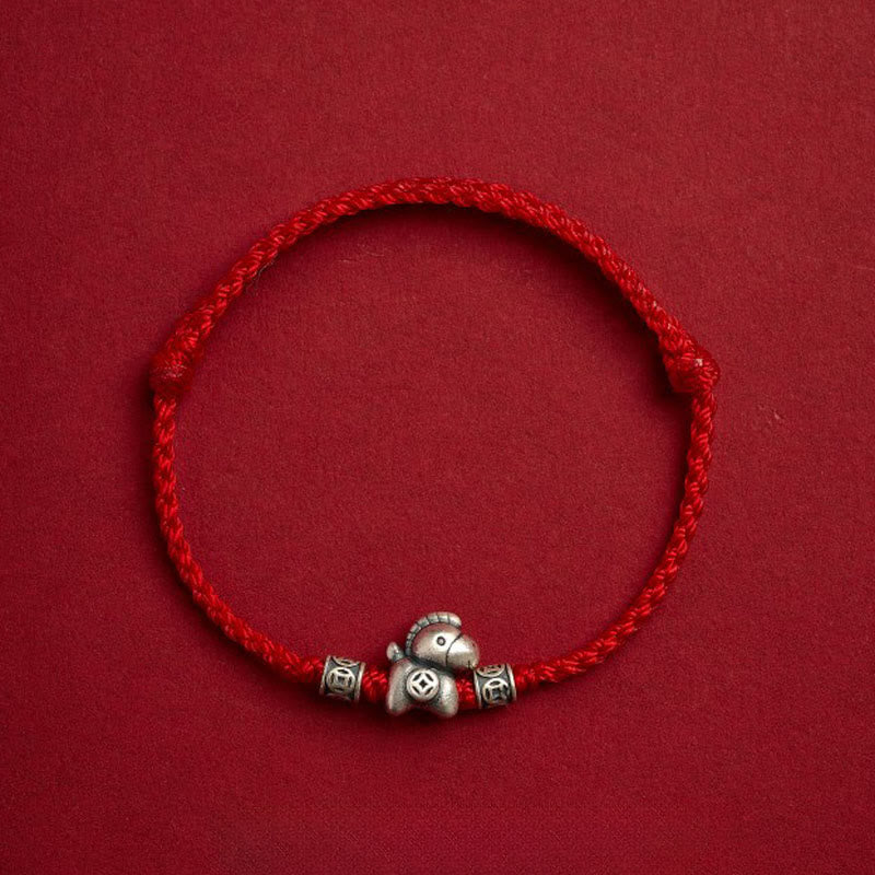 Buddha Stones Armband van gevlochten koord, Jaar van het Paard, 999 sterling zilver - Rood (Polsomtrek 14-21 cm) - image 1