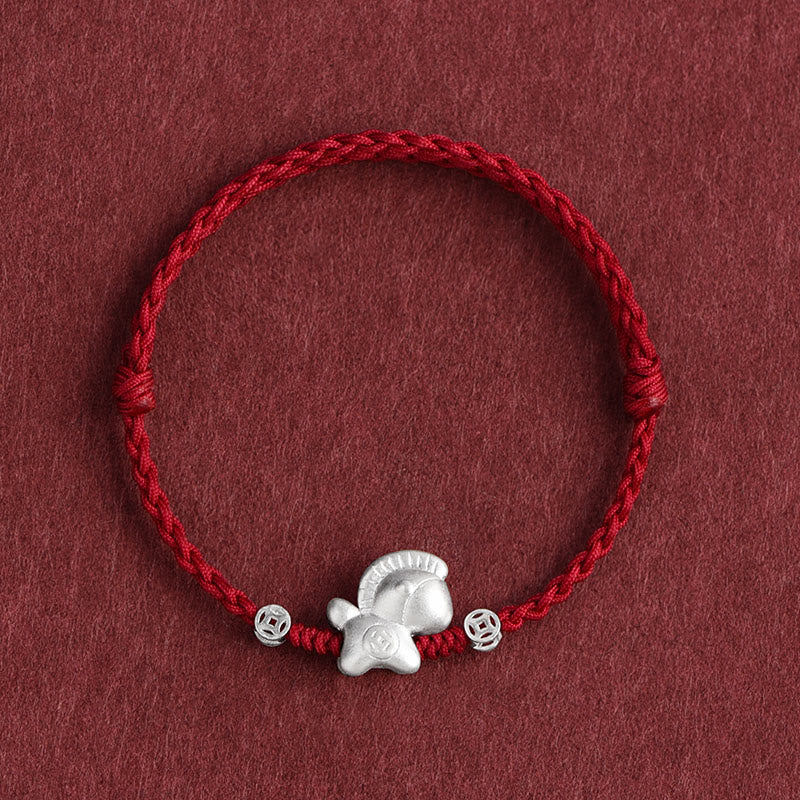 Buddha Stones Armband met gevlochten touw, symbool van het Jaar van het Paard, 999 sterling zilveren koperen munten . - Donkerrode Enkelband(omtrek 17-30 cm) - image 0