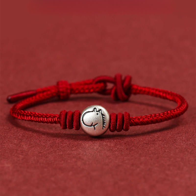 Buddha Stones Jaar van het Paard 999 Sterling Zilveren Armband met Rode Gevlochten Armband - Paard (Polsomtrek 14-18 cm) - image 0