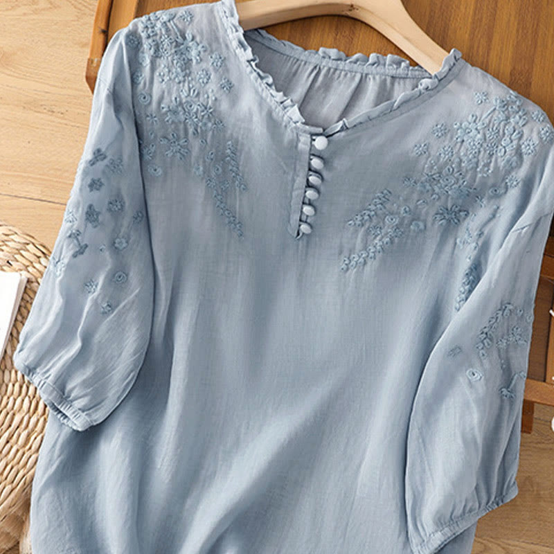 Buddha Stones Casual effen damesblouse met knoopsluiting, bloemenborduurwerk en Mouwlengte . - image 2