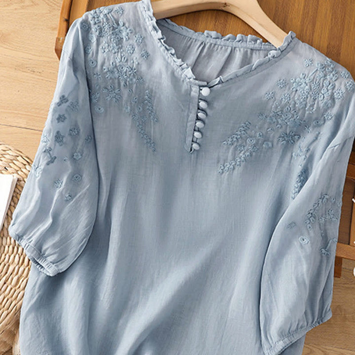 Buddha Stones Casual effen damesblouse met knoopsluiting, bloemenborduurwerk en Mouwlengte . - image 2