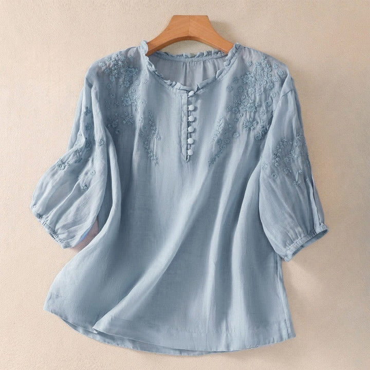 Buddha Stones Casual effen damesblouse met knoopsluiting, bloemenborduurwerk en Mouwlengte . - Lichtblauw - US8-10，UK/AU12-14，EU40-42 (2XL) - image 0