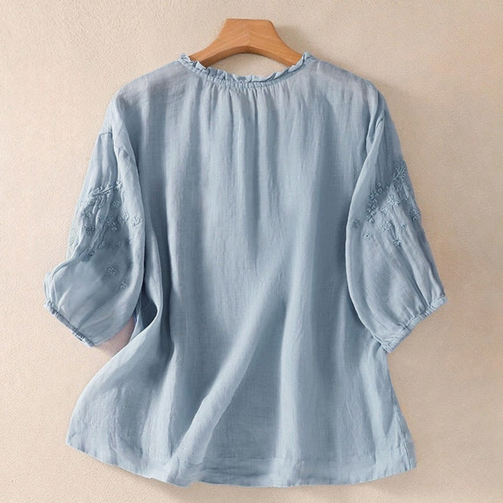 Buddha Stones Casual effen damesblouse met knoopsluiting, bloemenborduurwerk en Mouwlengte . - image 1