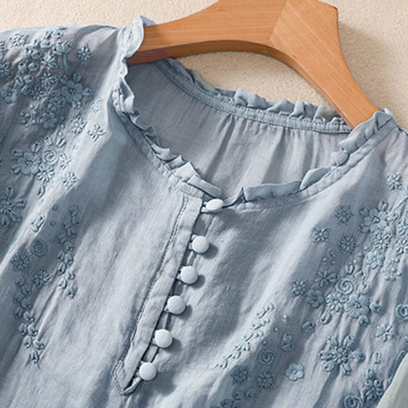 Buddha Stones Casual effen damesblouse met knoopsluiting, bloemenborduurwerk en Mouwlengte . - image 5