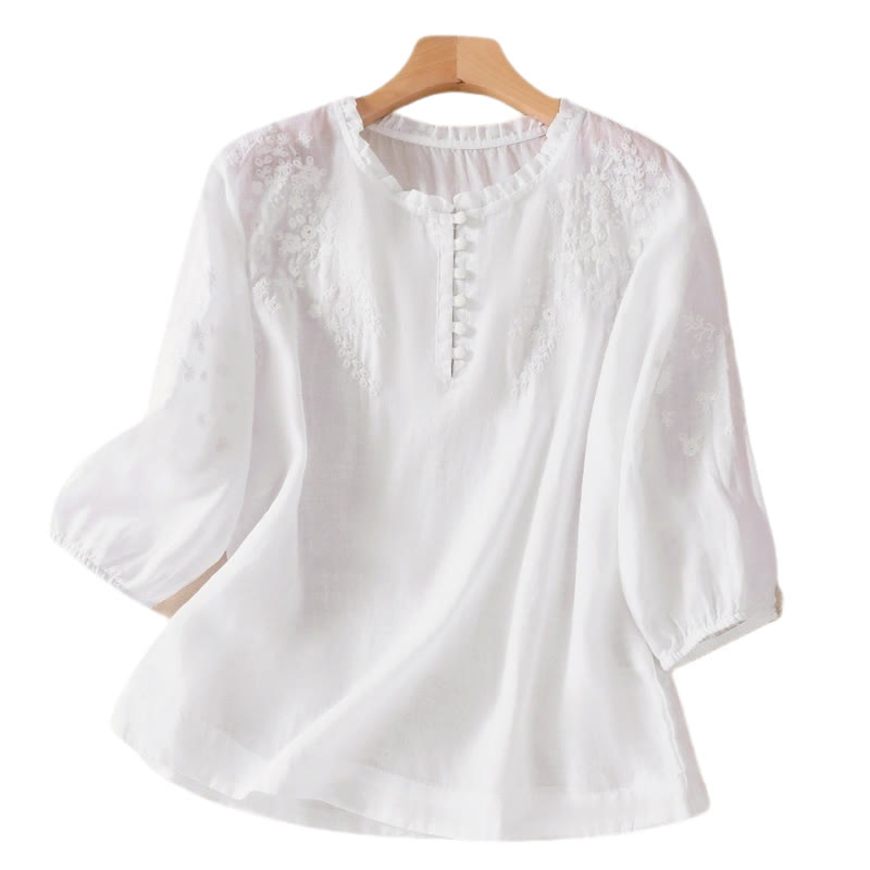 Buddha Stones Casual effen damesblouse met knoopsluiting, bloemenborduurwerk en Mouwlengte . - image 9