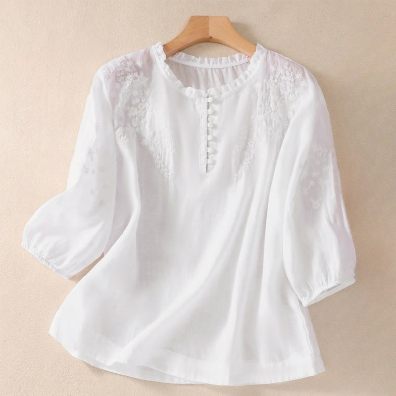 Buddha Stones Casual effen damesblouse met knoopsluiting, bloemenborduurwerk en Mouwlengte . - Witte rook - US8-10，UK/AU12-14，EU40-42 (2XL) - image 6